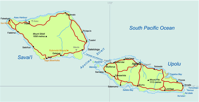 Map for the Samoa country archipelago. Quelle: originally created for English Wikipedia by CloudSurfer